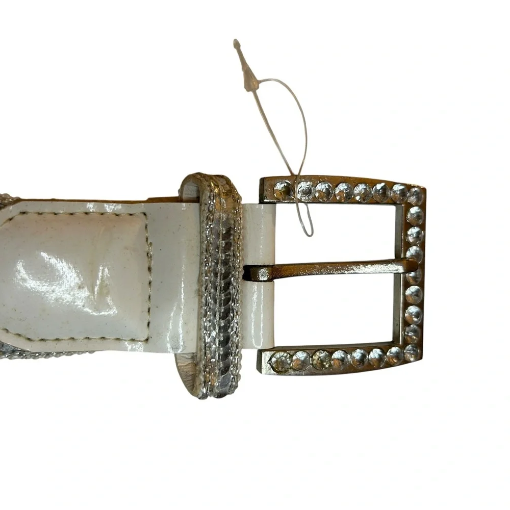 White Braided Boho Rhinestone Belt Sparkly Silver Y2K Glam Silver Tone Diva 33”